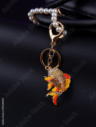 close up of funny fish keychain with  orange  rhinestones on black  bag photo