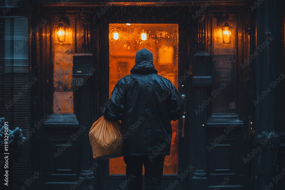 A lone volunteer carrying a bag of groceries to an elderly person’s door. bright lighting, contrast A lone volunteer carrying a bag of groceries to an elderly person’s door. bright lighting, contrast