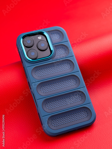 Close-up of a smartphone featuring three cameras, encased in a protective cover against a  red   background. photo