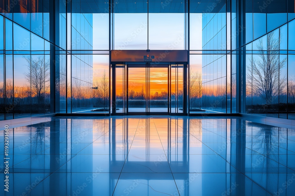 Evening light reflects in a sleek, modern glass door entrance Evening light reflects in a sleek, modern glass door entrance