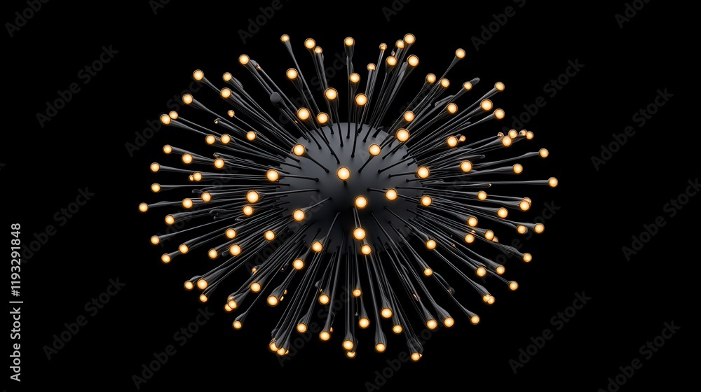 Fototapeta premium A stunning modern light fixture resembling a burst of stars with glowing orbs radiating from a central sphere against a dark background