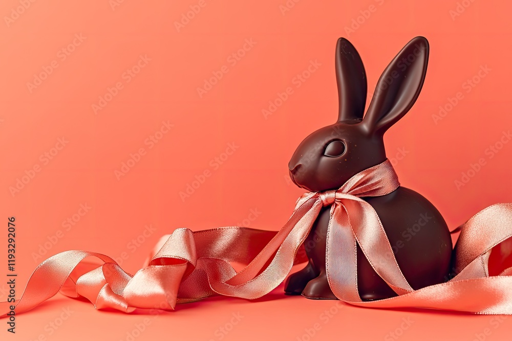 Obraz premium chocolate bunny tied with silk ribbon resting on bright coral background