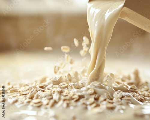 Pouring milk over a bowl of oats
