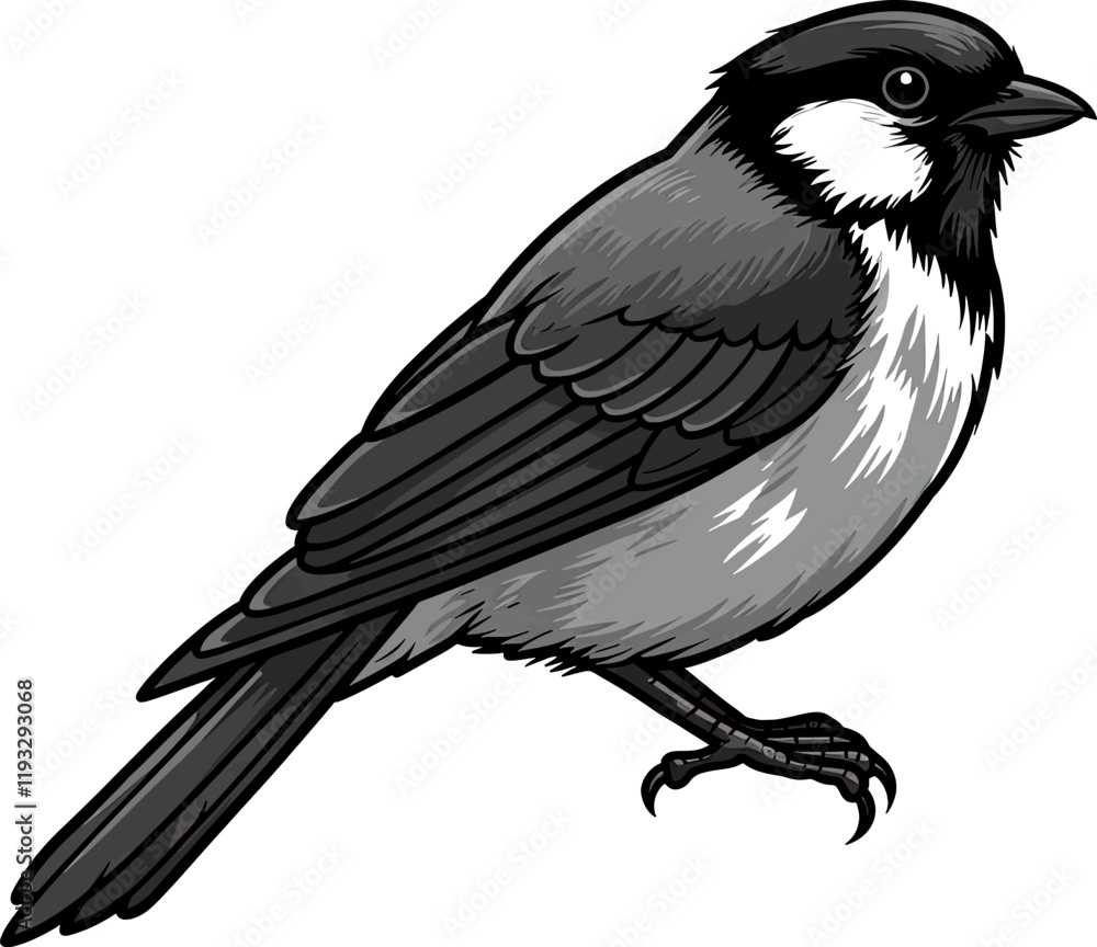 Fototapeta premium A detailed illustration of a small bird, captured in a grayscale aesthetic. It is perched on a branch, ready to take flight. Its feathers are meticulously rendered.