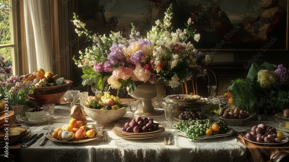 Elegant Floral Table Setting with Fresh Fruits and Vegetables Display Elegant Floral Table Setting with Fresh Fruits and Vegetables Display