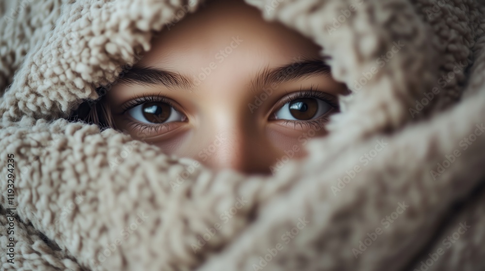 A close-up captures the serene face of a young person snugly wrapped in a soft, cozy fleece blanket, their expression radiating warmth and comfort. A close-up captures the serene face of a young person snugly wrapped in a soft, cozy fleece blanket, their expression radiating warmth and comfort.