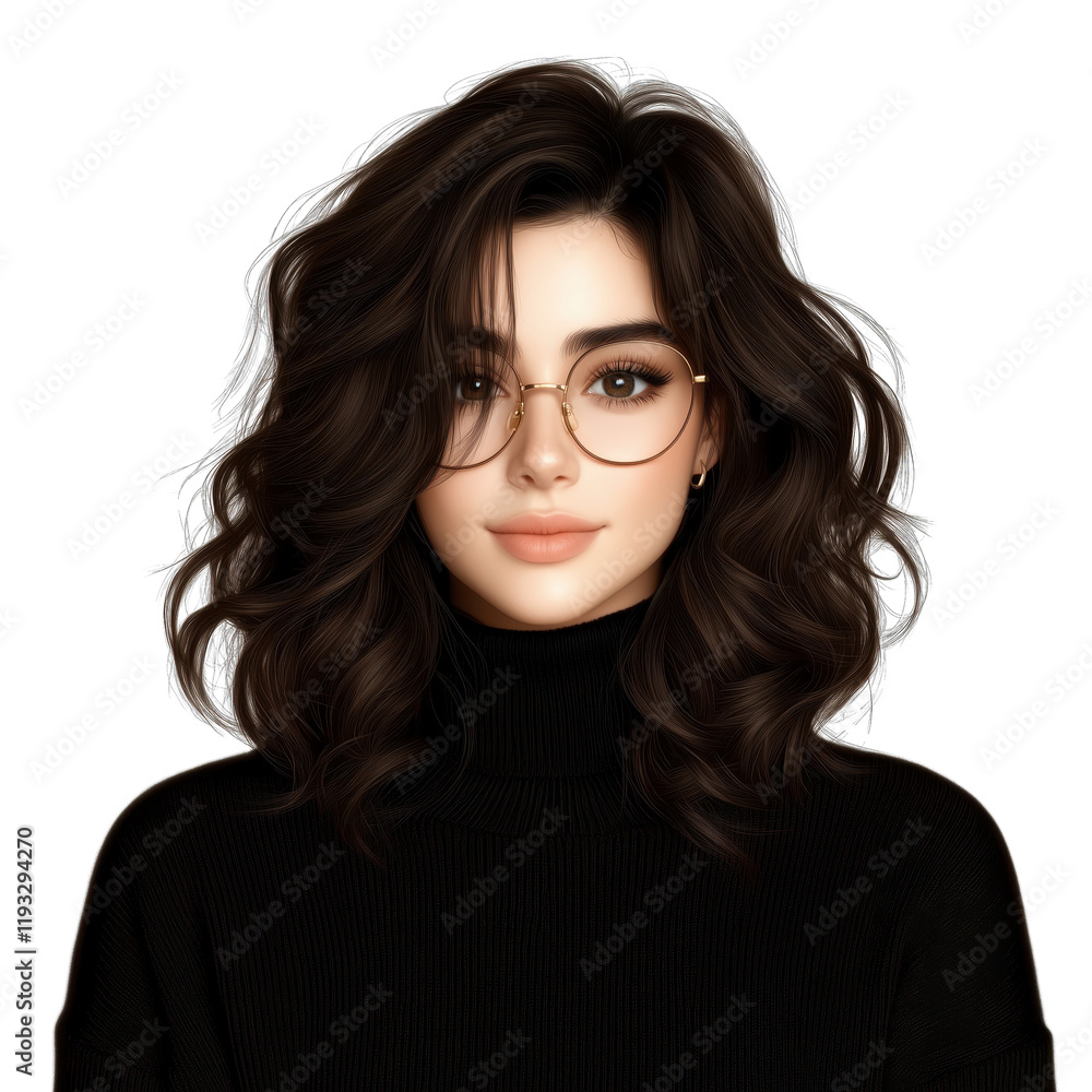Young woman with curly dark hair and glasses wearing a black turtleneck sweater