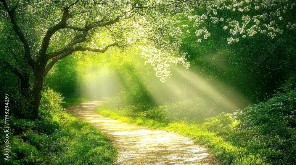 Obraz premium Serene Pathway Through Lush Green Forest with Sunlight Rays