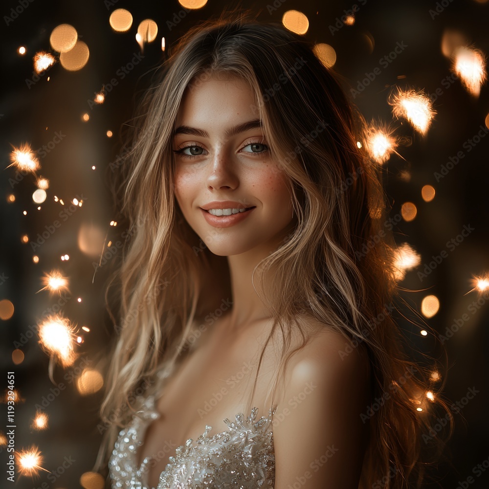 Smiling woman surrounded by sparkling lights. Smiling woman surrounded by sparkling lights.