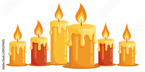 Wax candles melting with flames flickering in soft light, Vibrant Candlelight Art for Festive and Decorative Themes on a white background.
