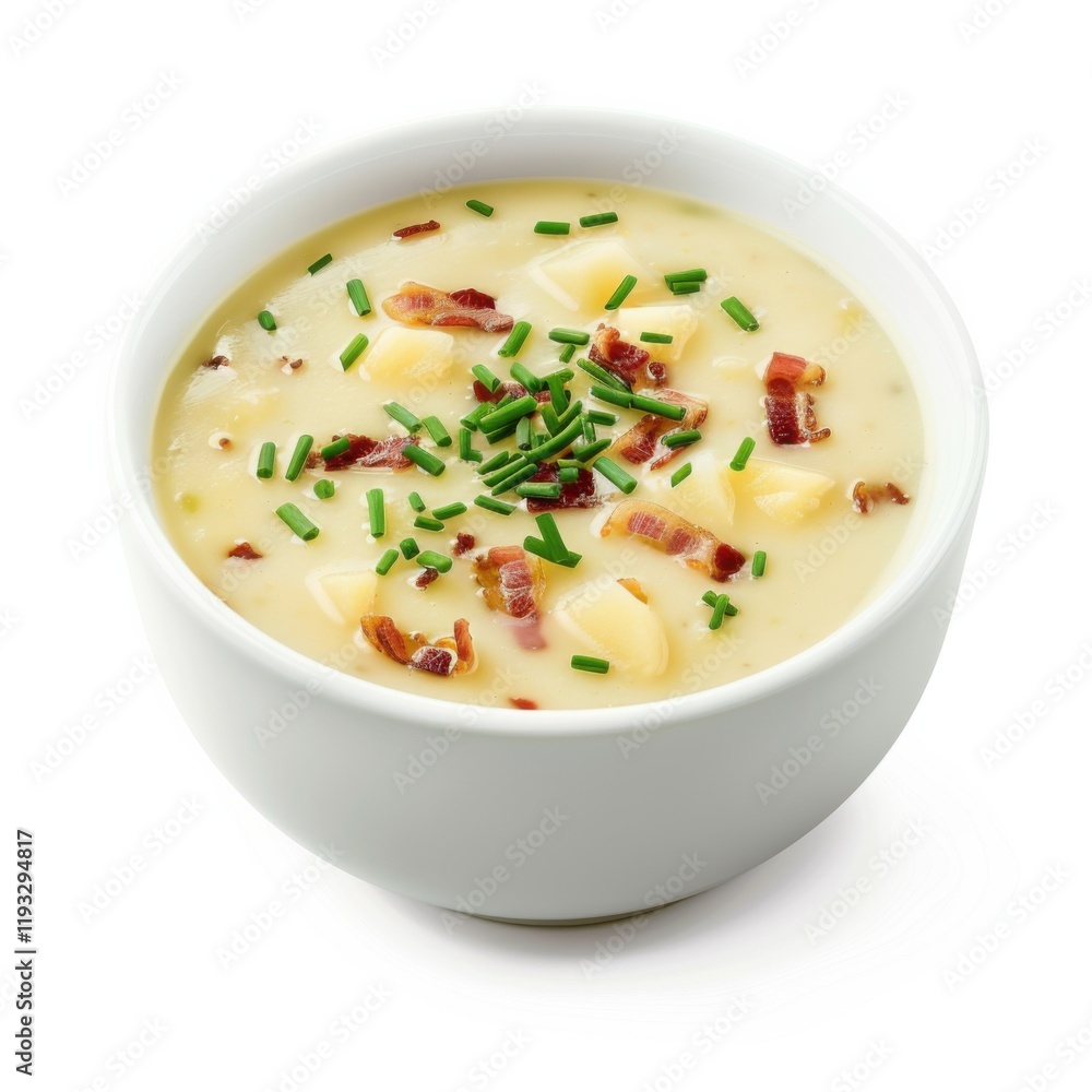 A bowl of creamy potato leek soup with bacon bits and chives, isolated white background, realistic art style A bowl of creamy potato leek soup with bacon bits and chives, isolated white background, realistic art style