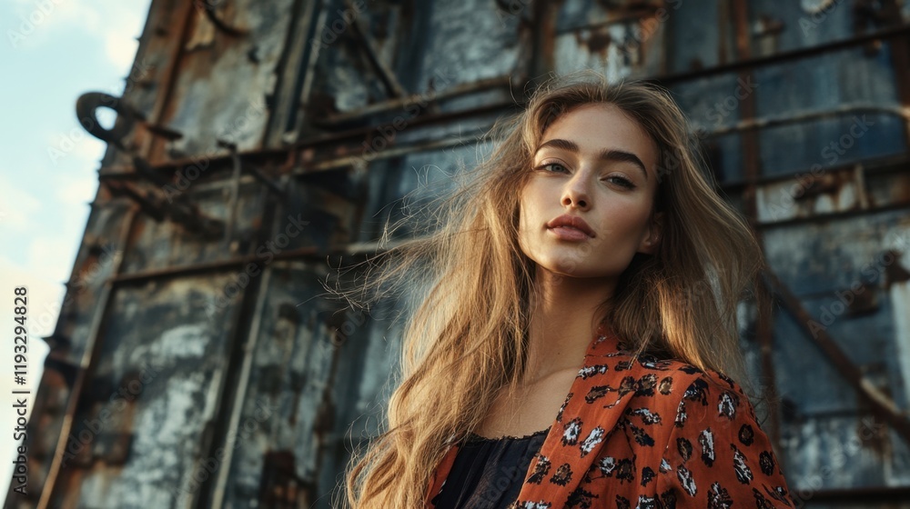 Fototapeta premium Fashion Model Posing Against Industrial Backdrop
