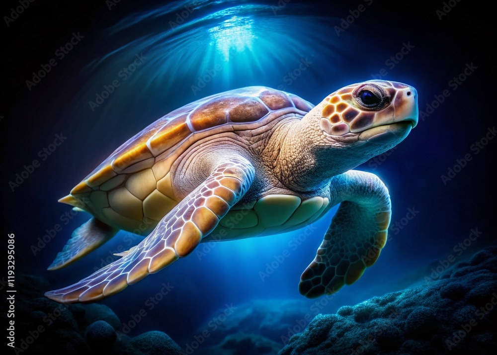 Fototapeta premium Albino Sea Turtle in Low Light, Underwater Night Photography