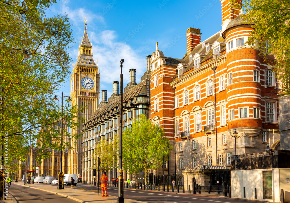 Fototapeta premium Victoria embankment architecture and Big Ben tower, London, UK