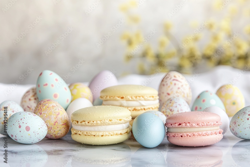 flat lay of easter-themed macarons and pastel eggs on marble surface flat lay of easter-themed macarons and pastel eggs on marble surface