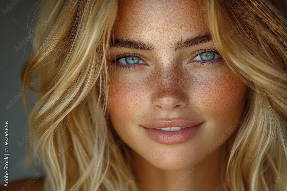 close-up portrait of a beautiful model with blonde hair and freckles, capturing her radiant smile and bright eyes, showcasing natural beauty and charm with soft lighting close-up portrait of a beautiful model with blonde hair and freckles, capturing her radiant smile and bright eyes, showcasing natural beauty and charm with soft lighting