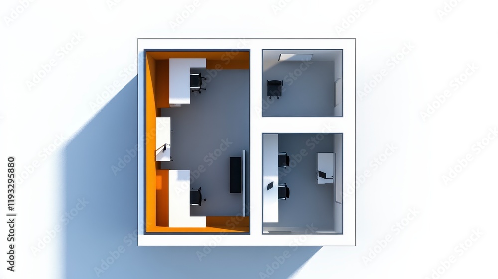 Modern office layout with distinct areas for collaboration and productivity featuring color accents Modern office layout with distinct areas for collaboration and productivity featuring color accents