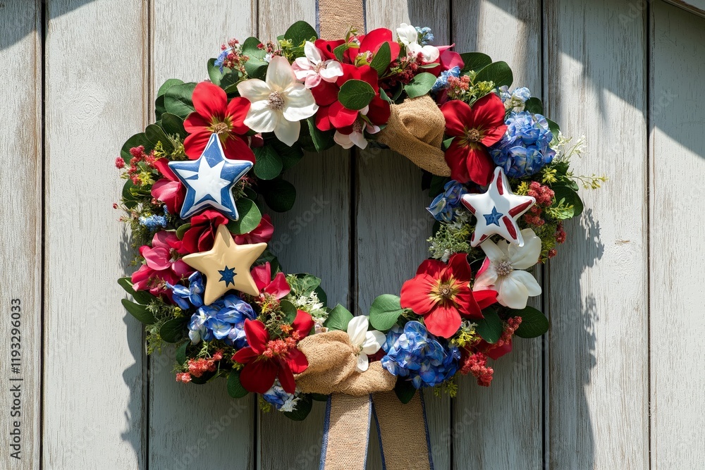 Naklejka premium A festive patriotic wreath with red, white, and blue flowers, ceramic star ornaments, and burlap accents, set against a rustic wooden background, celebrating Independence Day with style and elegance.