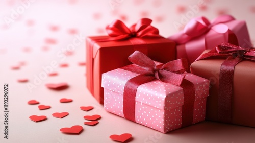 Colorful Gift Boxes with Red Bows and Hearts for Celebrations