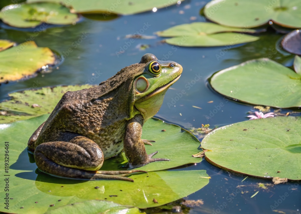American Bullfrog in Lush Green Pond - Wildlife Stock Photo American Bullfrog in Lush Green Pond - Wildlife Stock Photo