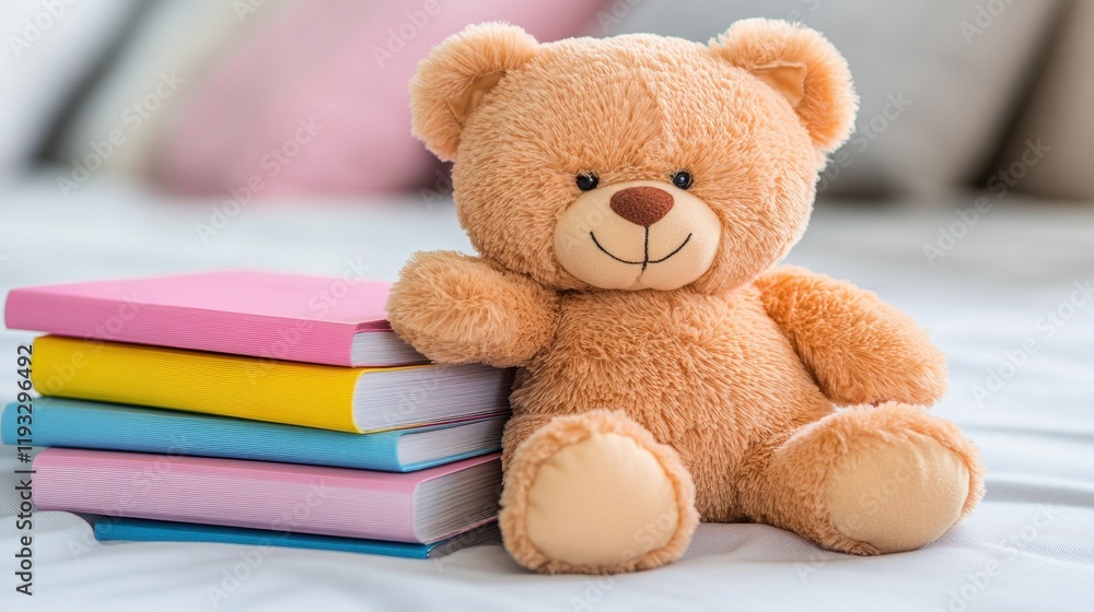 Cute teddy bear sitting beside colorful stacked books on bed Cute teddy bear sitting beside colorful stacked books on bed