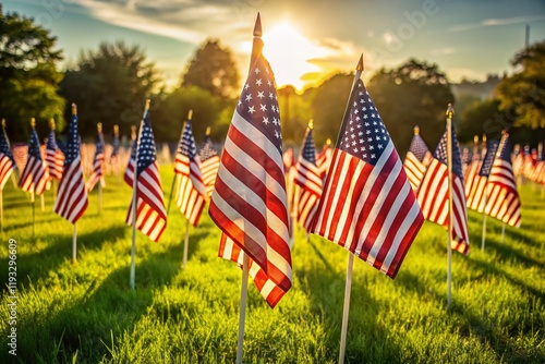 American Flags Line Up on Green Grass - Patriotic USA Stock Photo