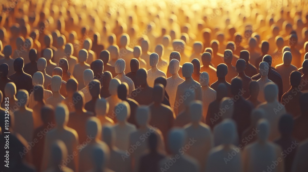 Obraz premium Diverse Crowd of Silhouetted Figures Against a Warm Sunset Glow