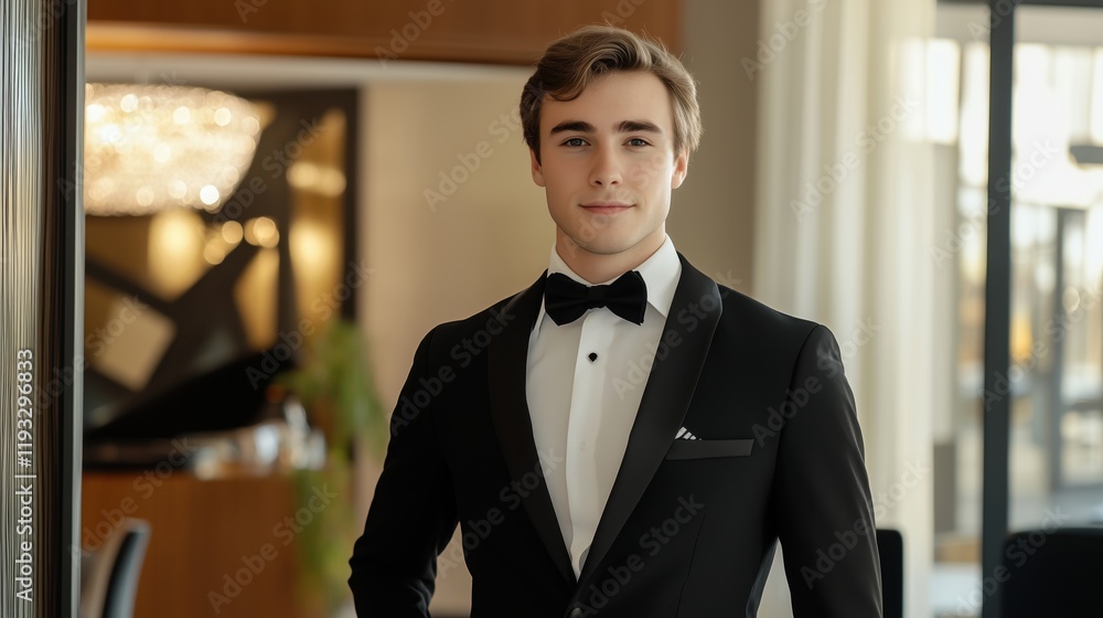 Fototapeta premium A confident young man in a sharp black suit and bow tie stands poised in a modern interior, exuding sophistication and style.
