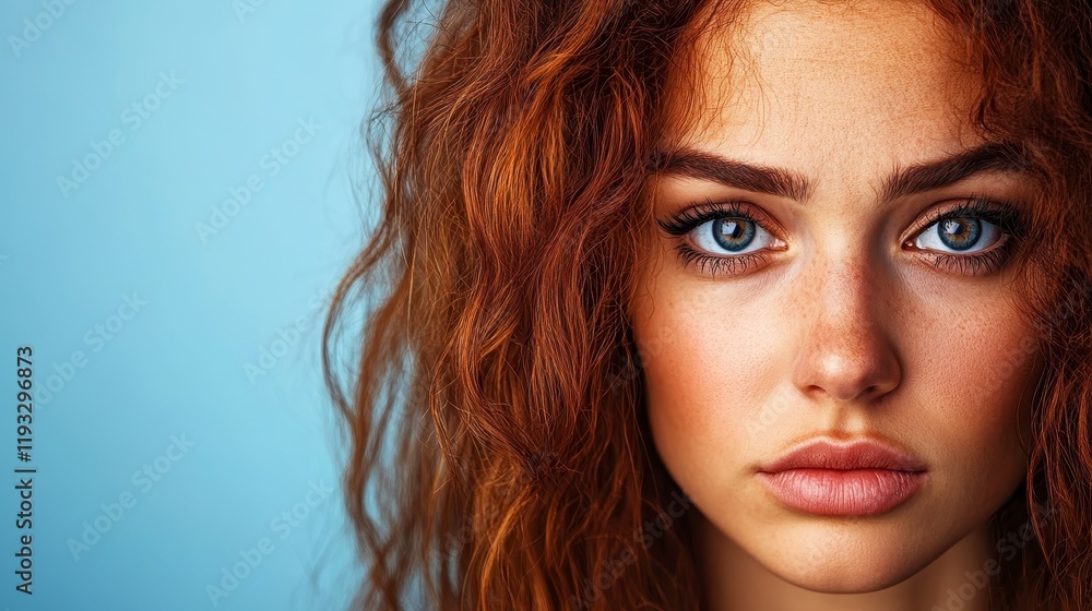 Naklejka premium Close-up portrait of a young woman with curly red hair and striking blue eyes against a soft blue background