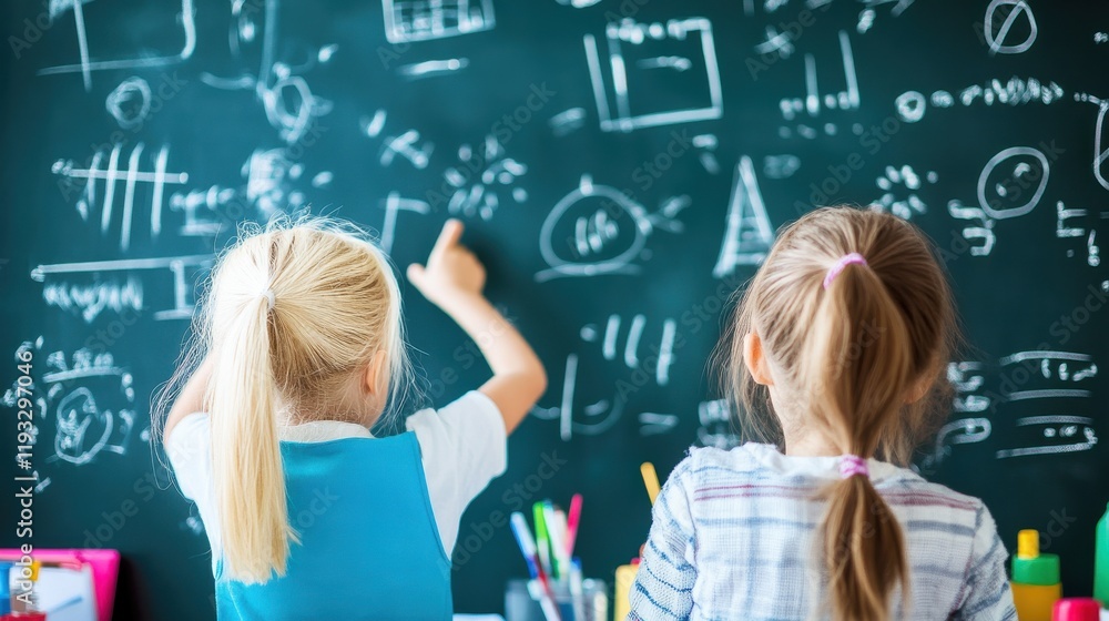 Two children are engaged in learning, pointing at mathematical equations and diagrams on a chalkboard in a bright classroom setting. Two children are engaged in learning, pointing at mathematical equations and diagrams on a chalkboard in a bright classroom setting.