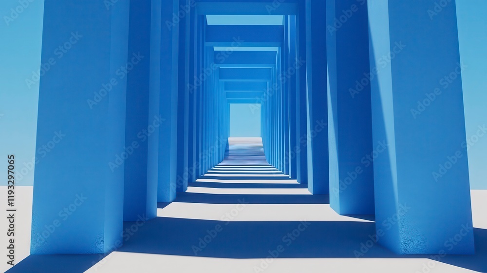 A striking perspective view through a mesmerizing blue corridor featuring simplified architectural pillars casting shadows on a white surface A striking perspective view through a mesmerizing blue corridor featuring simplified architectural pillars casting shadows on a white surface