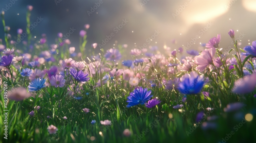 Fototapeta premium Vibrant Field of Colorful Blooming Flowers Under Soft Sunlight
