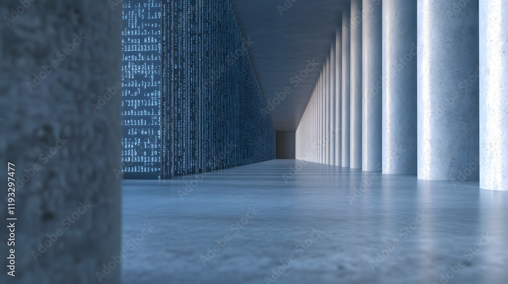Obraz premium A futuristic corridor with tall concrete columns and a shimmering wall of data, creating an immersive and high-tech atmosphere.