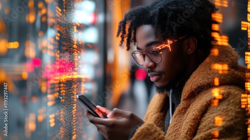 Young man in a cozy coat using a smartphone, illuminated by city lights and reflections at night