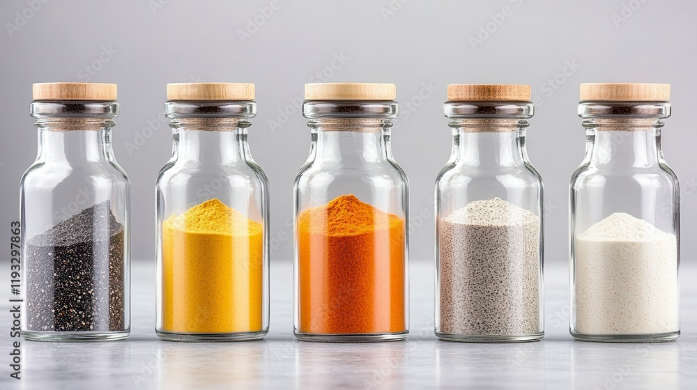 Five clear glass spice jars filled with vibrant spices arranged in a neat row against a soft background Five clear glass spice jars filled with vibrant spices arranged in a neat row against a soft background