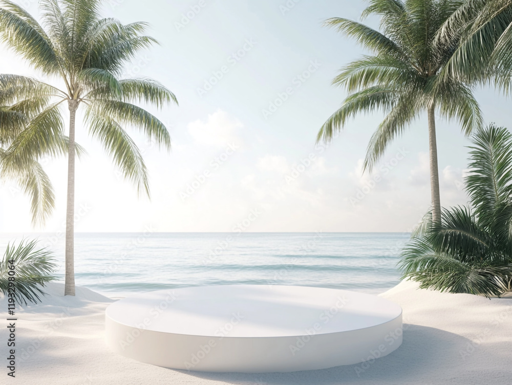 Fototapeta premium A serene beach scene with trees framing a circular white platform, surrounded by sand and tropical plants, with the ocean in the background.