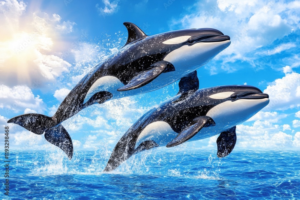 Obraz premium Two orcas leap gracefully from the ocean, splashing water against a vibrant blue sky, showcasing their power and beauty in a stunning marine landscape.