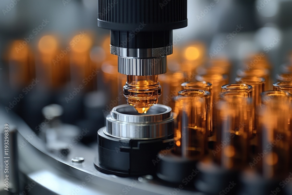 Precision filling of amber vials with liquid on advanced production line in a modern laboratory setting Precision filling of amber vials with liquid on advanced production line in a modern laboratory setting