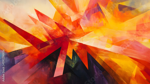 A vibrant abstract explosion of colors with sharp, angular forms in red, orange, and yellow, blending with softer gradients to convey energy and movement 