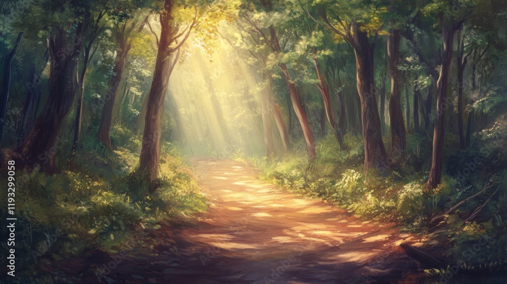 Fototapeta premium Serene Sunlit Pathway Through Lush Green Forest Landscape