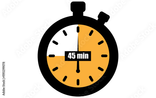 Forty five minutes stopwatch icon, 45 min waiting time vector illustration, stopwatch with 45 minutes	