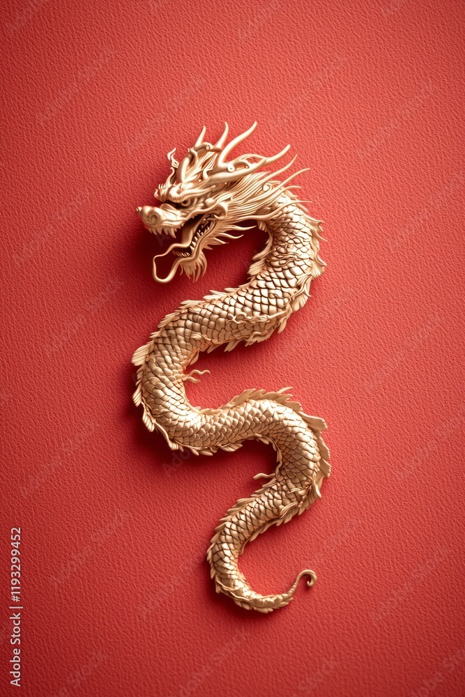 Fototapeta premium Stylish Minimalist Design Featuring Golden Dragon on Red Background for Chinese New Year Celebrations and Festivities with a Unique Frame and Border Element