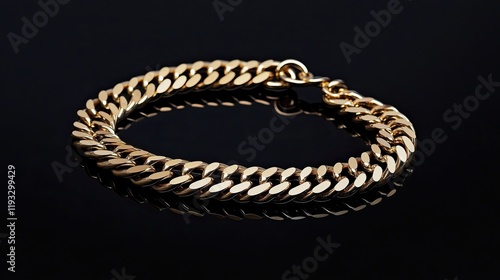 single gold chain coiled elegantly into spiral on matte black background with faint reflections photo