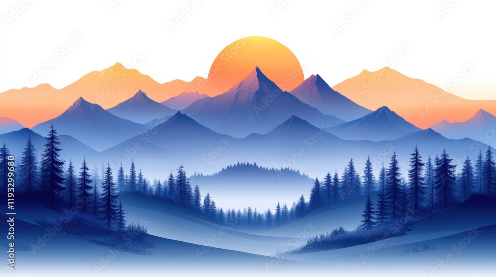 Obraz premium Majestic Mountains at Sunrise with Vibrant Orange Sun and Serene Blue Landscape, Capturing Tranquility and Natural Beauty in a Stunning Natural Setting