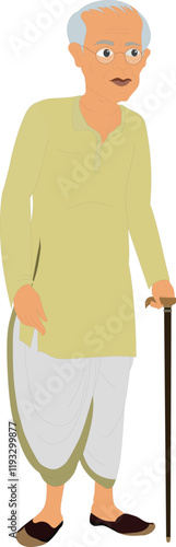 Old Indian male character. Old man in dhoti and kurta with a walking stick. Rich old man in traditional dress. Bengali north Indian grandfather character full body.