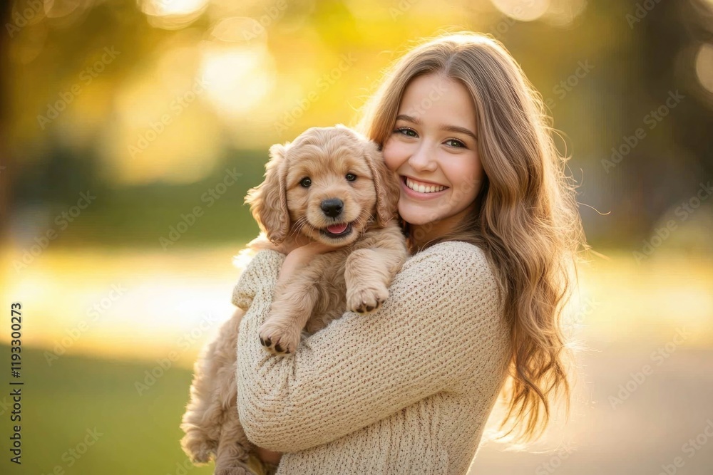smiling young woman holding playful puppy in her arms standing in brightly lit park with softly blurred background smiling young woman holding playful puppy in her arms standing in brightly lit park with softly blurred background