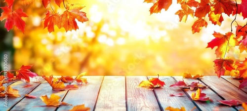 Autumn Maple Leaves on Wood...