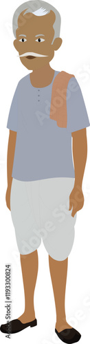 Old Indian male character. Old man in dhoti. poor old man in traditional dress. Bengali north Indian grandfather character full body. Indian farmer working class old man. 