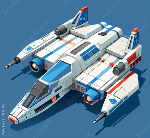 Futuristic spaceship hovering in dark blue space
