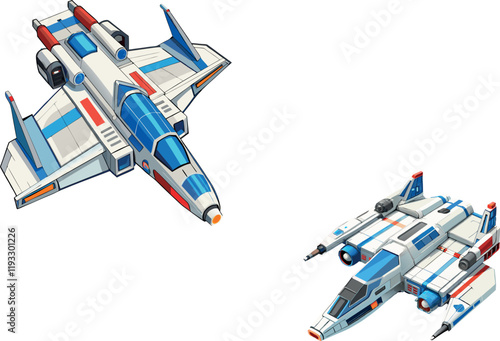 Two futuristic spaceships flying in formation, exploring the galaxy